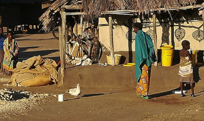 Alltagsszene in einem Dorf in Sambia - Menschen und Tiere vor einem bemaltem Lehmhaus, Aufnahme: © Hilde Chistè